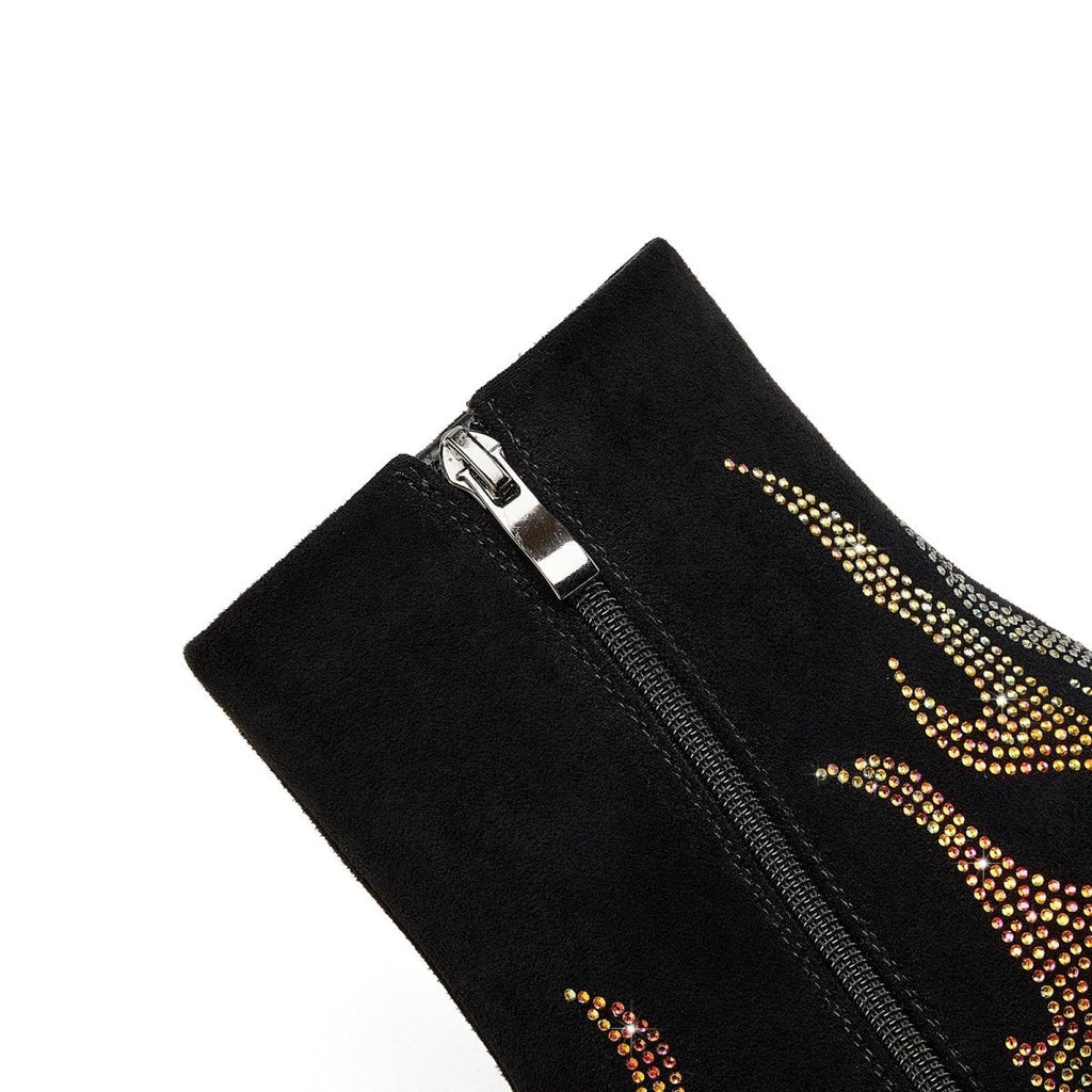 Metallic Flaming Down Bite Heel Black Ankle Boots