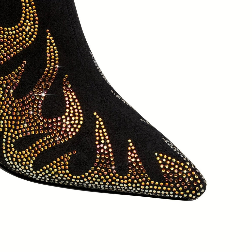 Metallic Flaming Down Bite Heel Black Ankle Boots