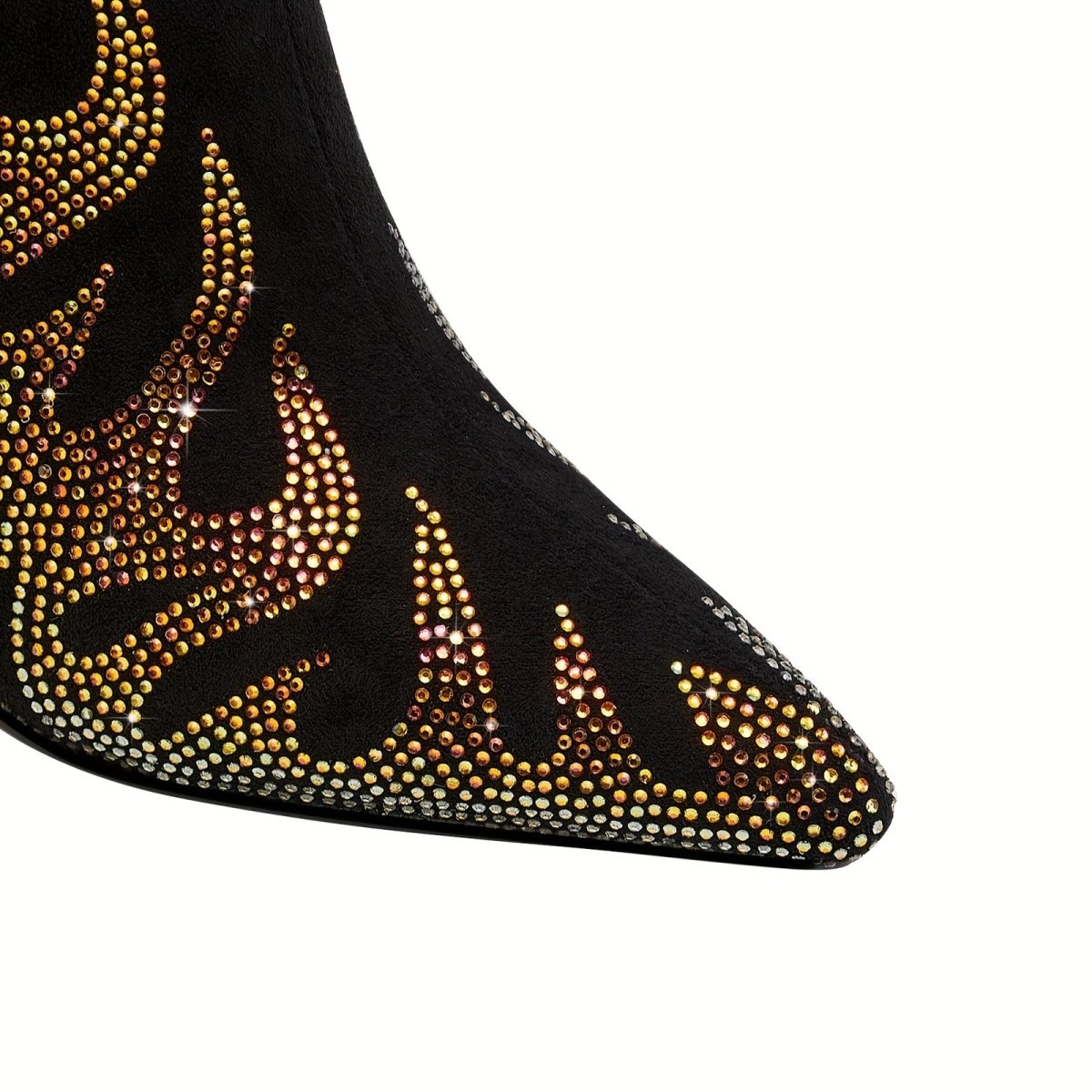 Metallic Flaming Down Bite Heel Black Ankle Boots