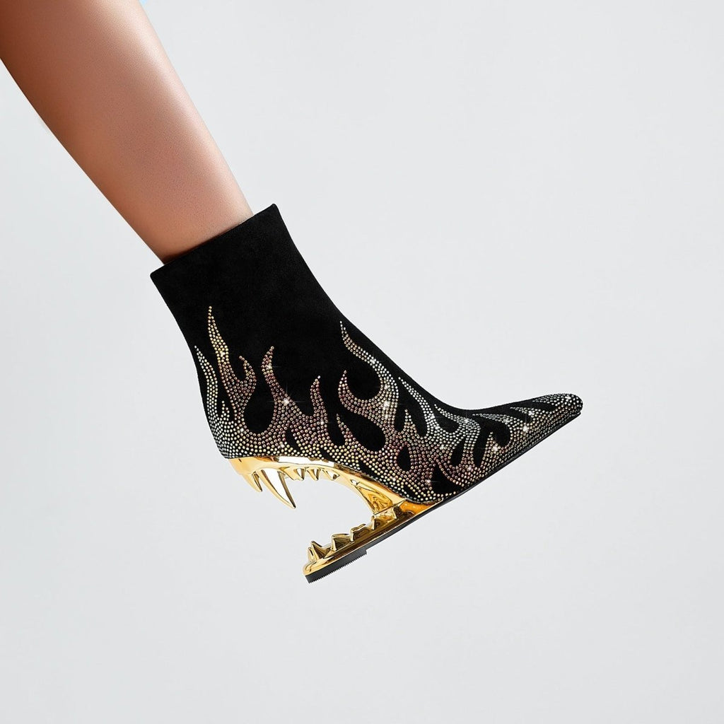 Metallic Flaming Down Bite Heel Black Ankle Boots