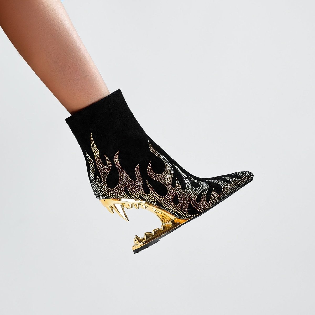 Metallic Flaming Down Bite Heel Black Ankle Boots