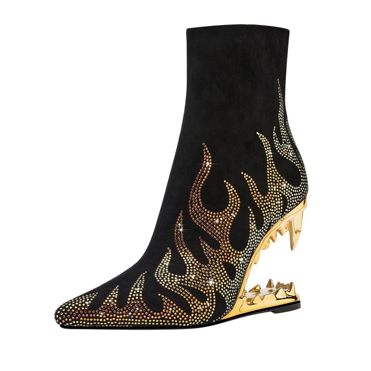 Metallic Flaming Down Bite Heel Black Ankle Boots