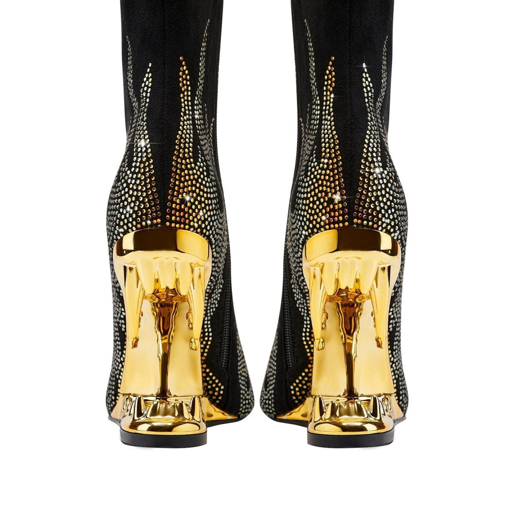Metallic Flaming Down Bite Heel Black Ankle Boots