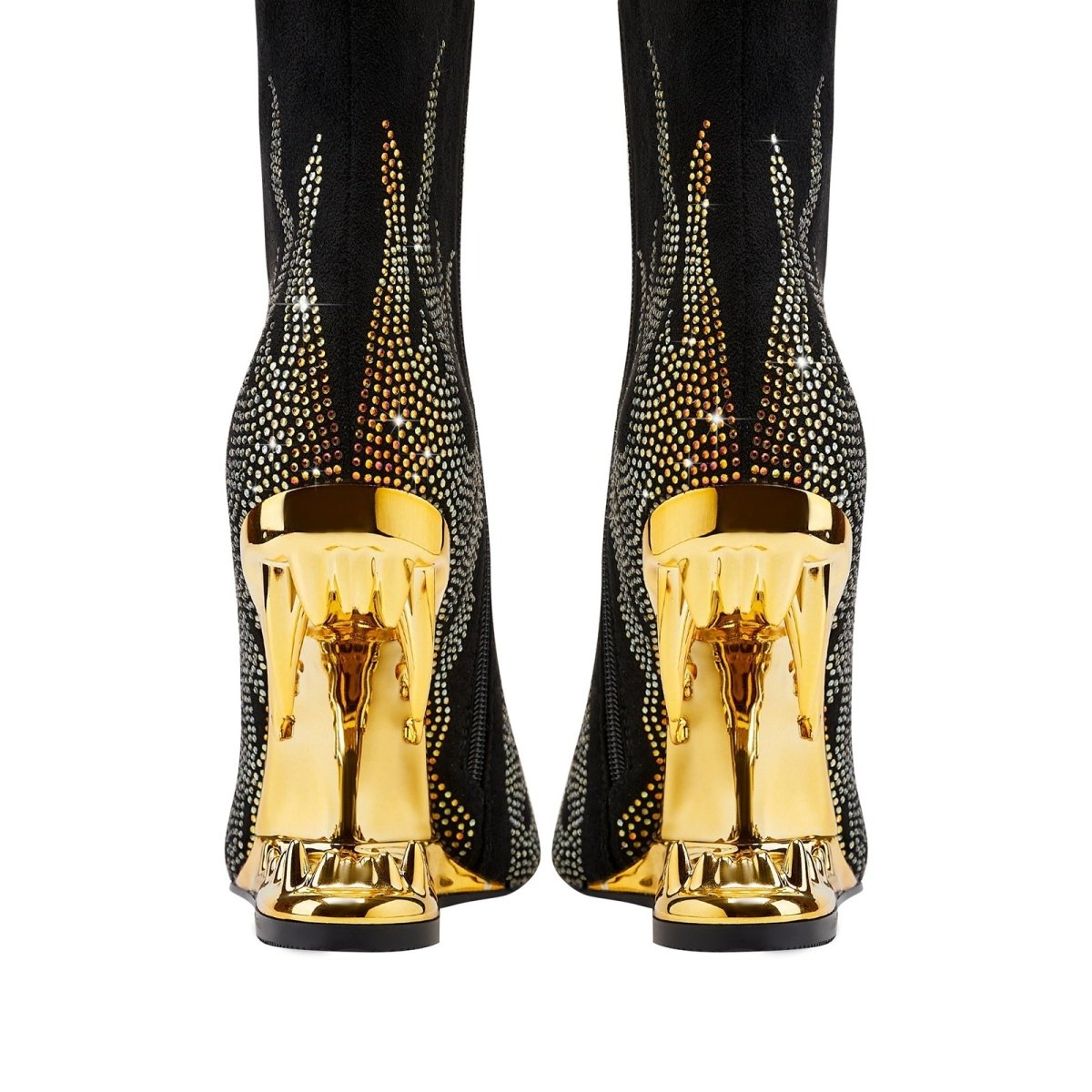Metallic Flaming Down Bite Heel Black Ankle Boots