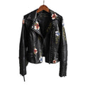 Women Floral Print Embroidery Faux Soft Leather Jacket Coat  Turn-down Collar Casual Pu Motorcycle Black Punk Outerwear