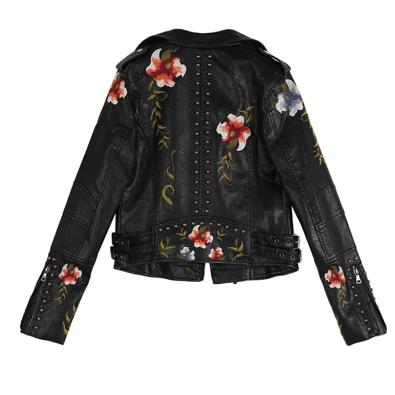 Women Floral Print Embroidery Faux Soft Leather Jacket Coat  Turn-down Collar Casual Pu Motorcycle Black Punk Outerwear