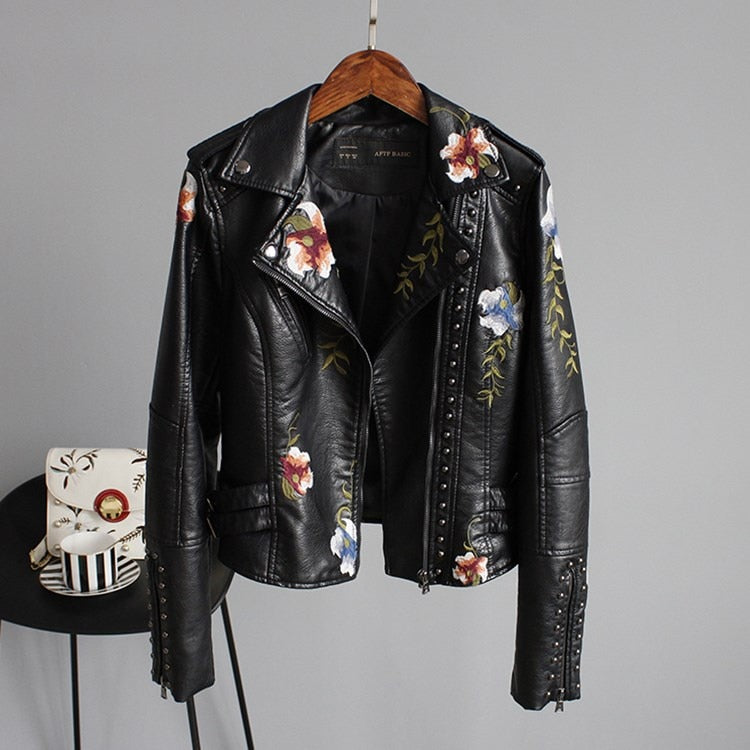 Women Floral Print Embroidery Faux Soft Leather Jacket Coat  Turn-down Collar Casual Pu Motorcycle Black Punk Outerwear