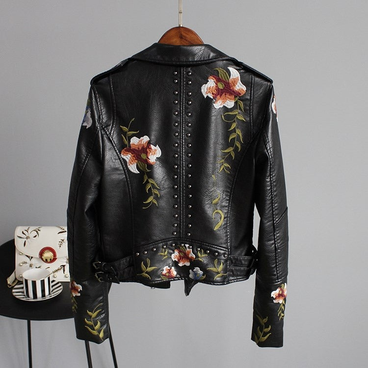 Women Floral Print Embroidery Faux Soft Leather Jacket Coat  Turn-down Collar Casual Pu Motorcycle Black Punk Outerwear