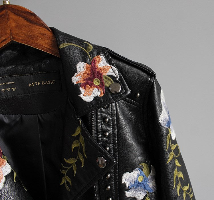 Women Floral Print Embroidery Faux Soft Leather Jacket Coat  Turn-down Collar Casual Pu Motorcycle Black Punk Outerwear