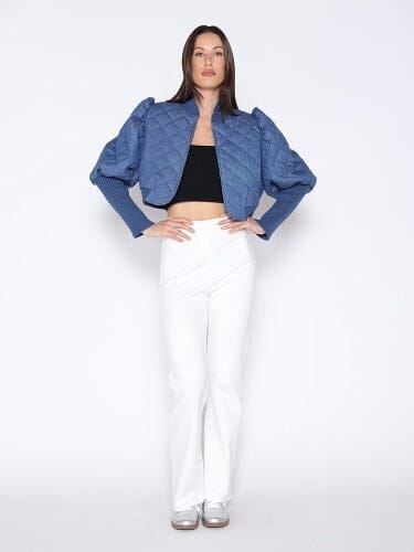 Gracia Fashion Women's Quilted Denim Puff Jacket with Ribbed Sleeve