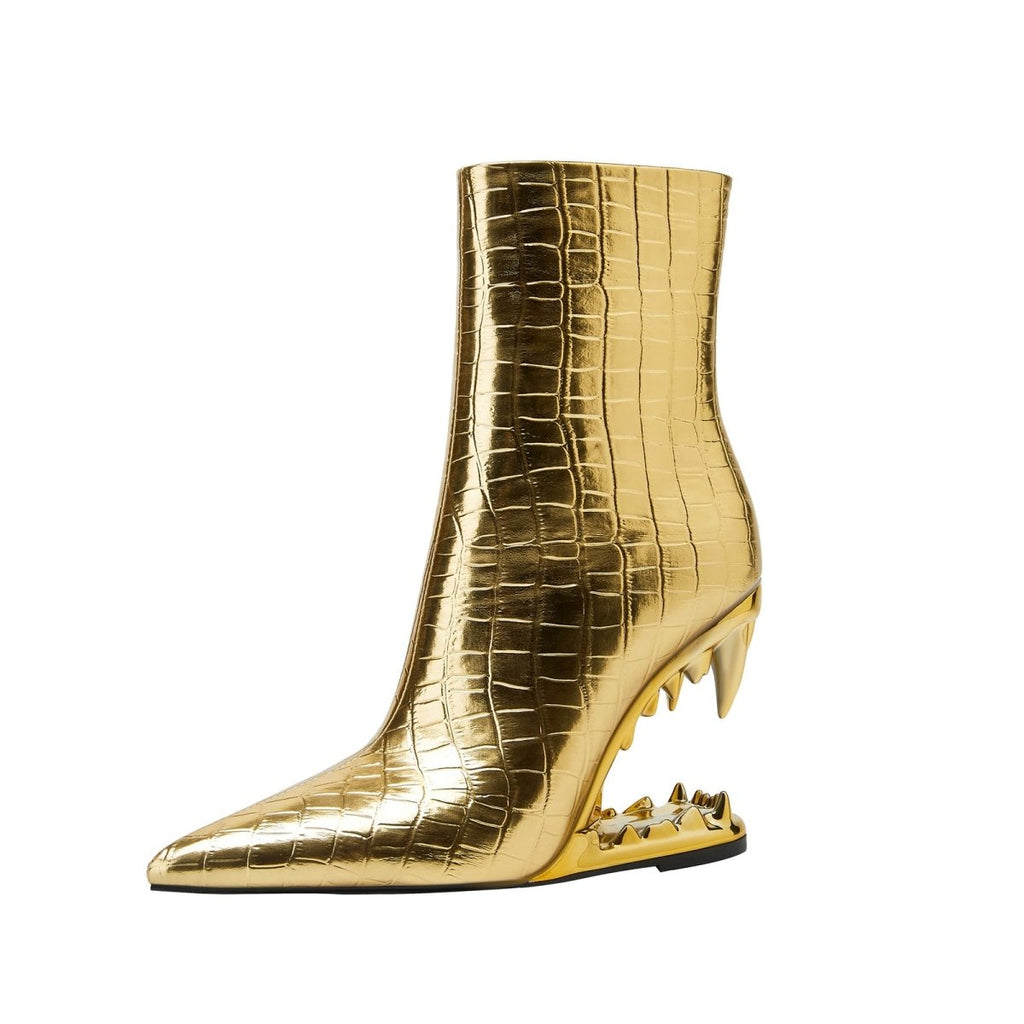 Shiny Gold Bite Heel Ankle Boots