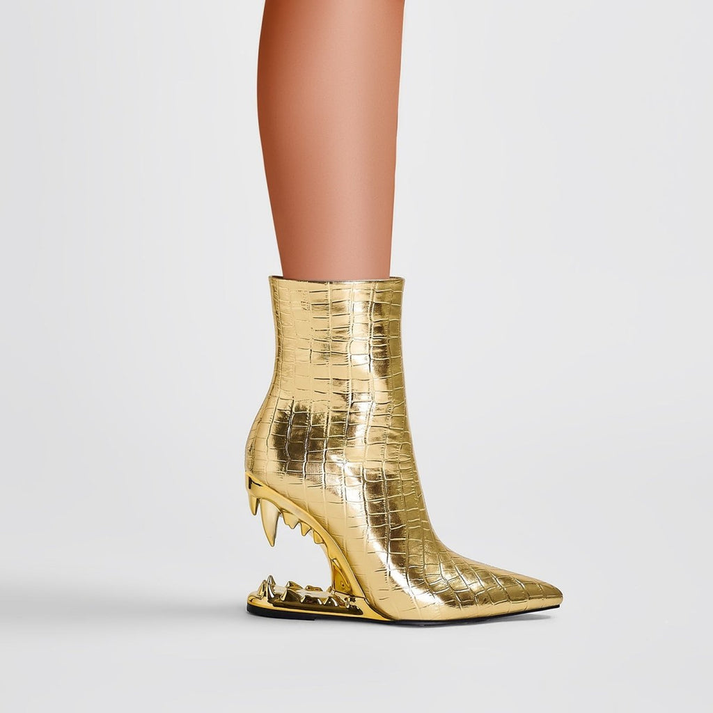 Shiny Gold Bite Heel Ankle Boots