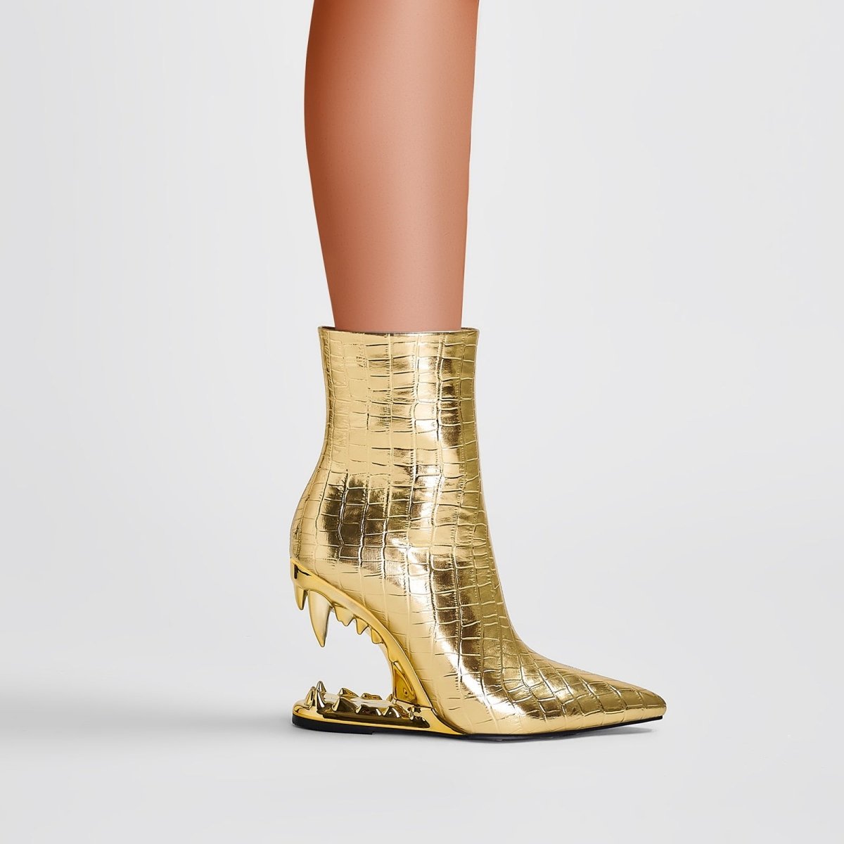 Shiny Gold Bite Heel Ankle Boots