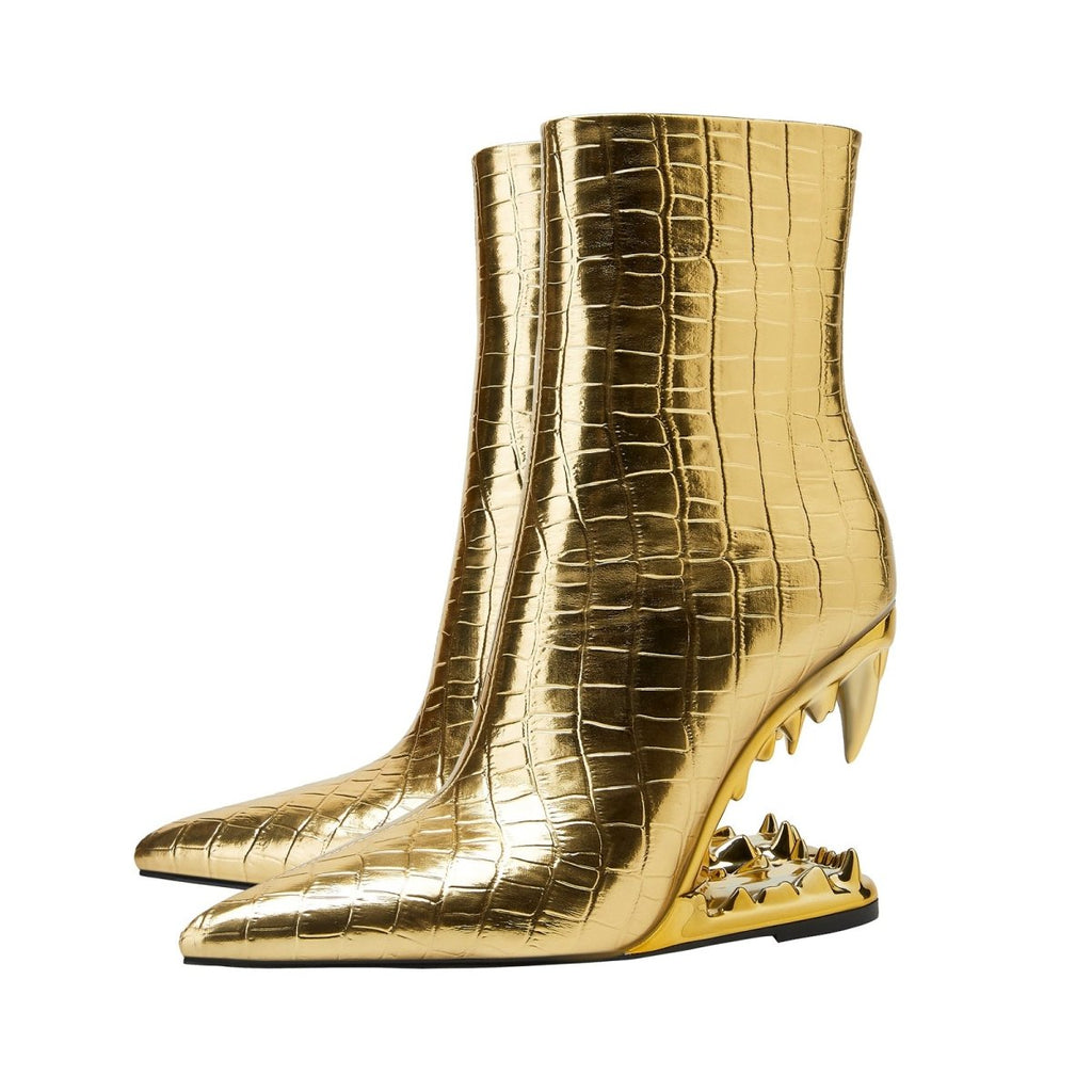 Shiny Gold Bite Heel Ankle Boots