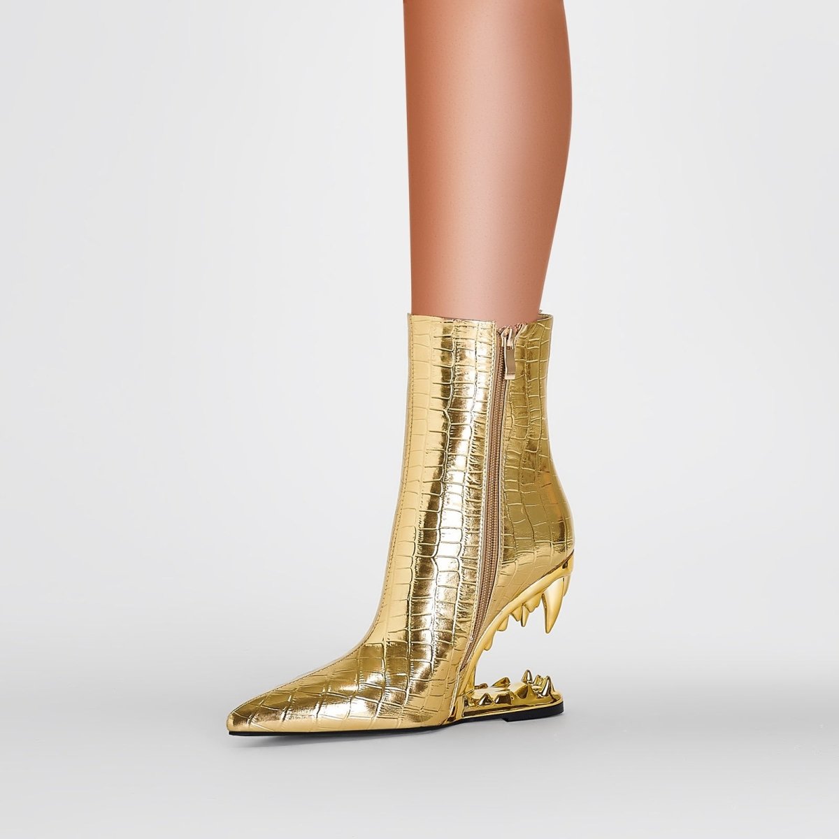 Shiny Gold Bite Heel Ankle Boots