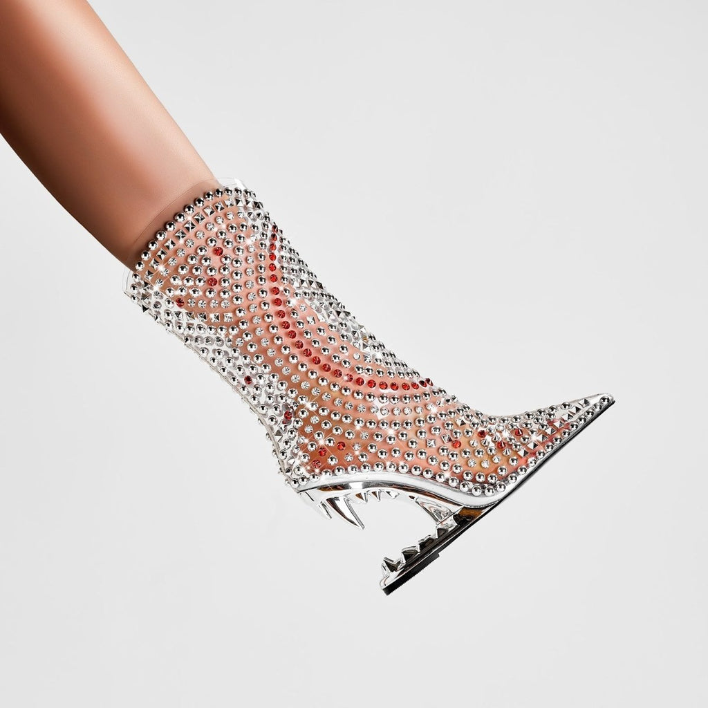 Silver Rivet Transparent Bite Heel Ankle Boots