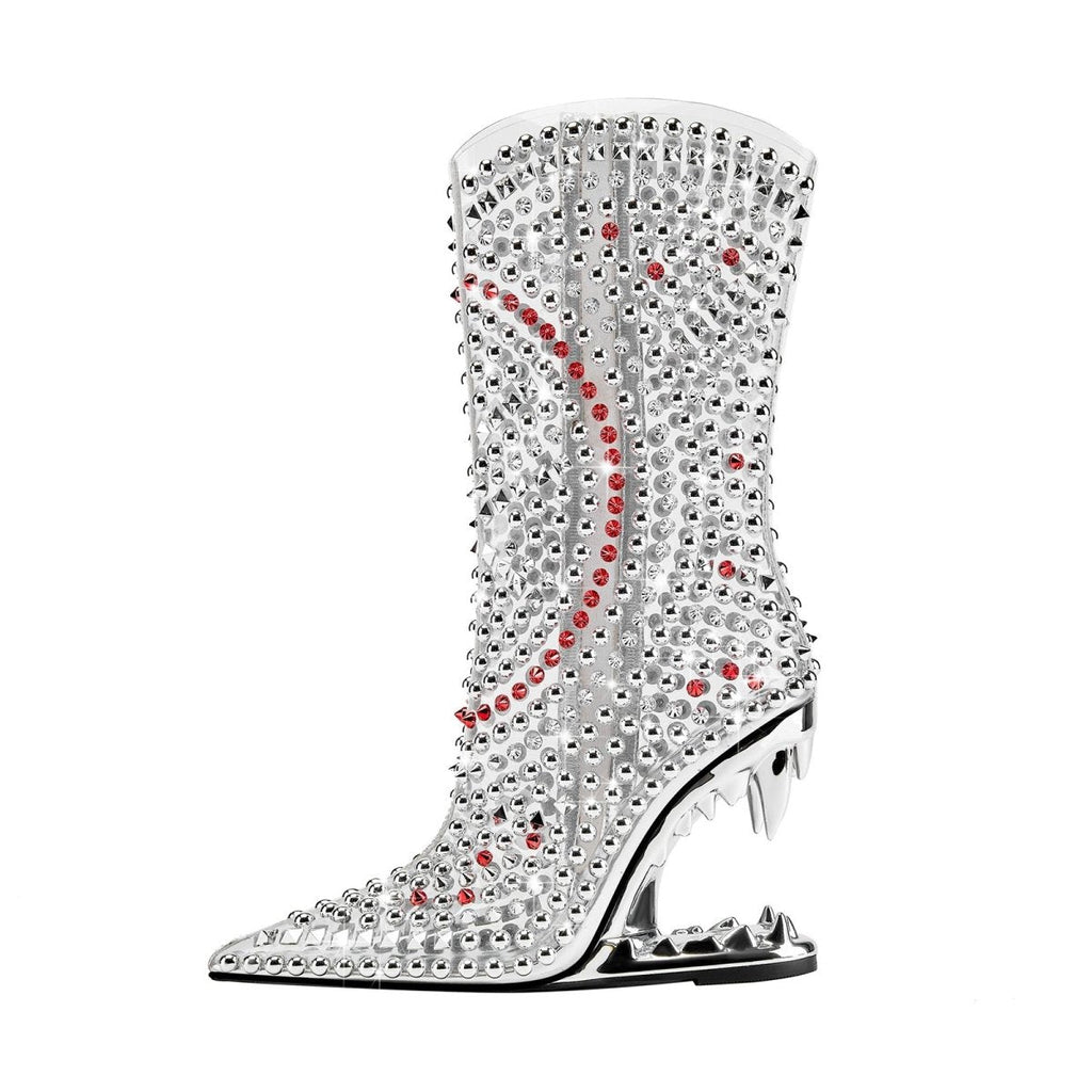 Silver Rivet Transparent Bite Heel Ankle Boots