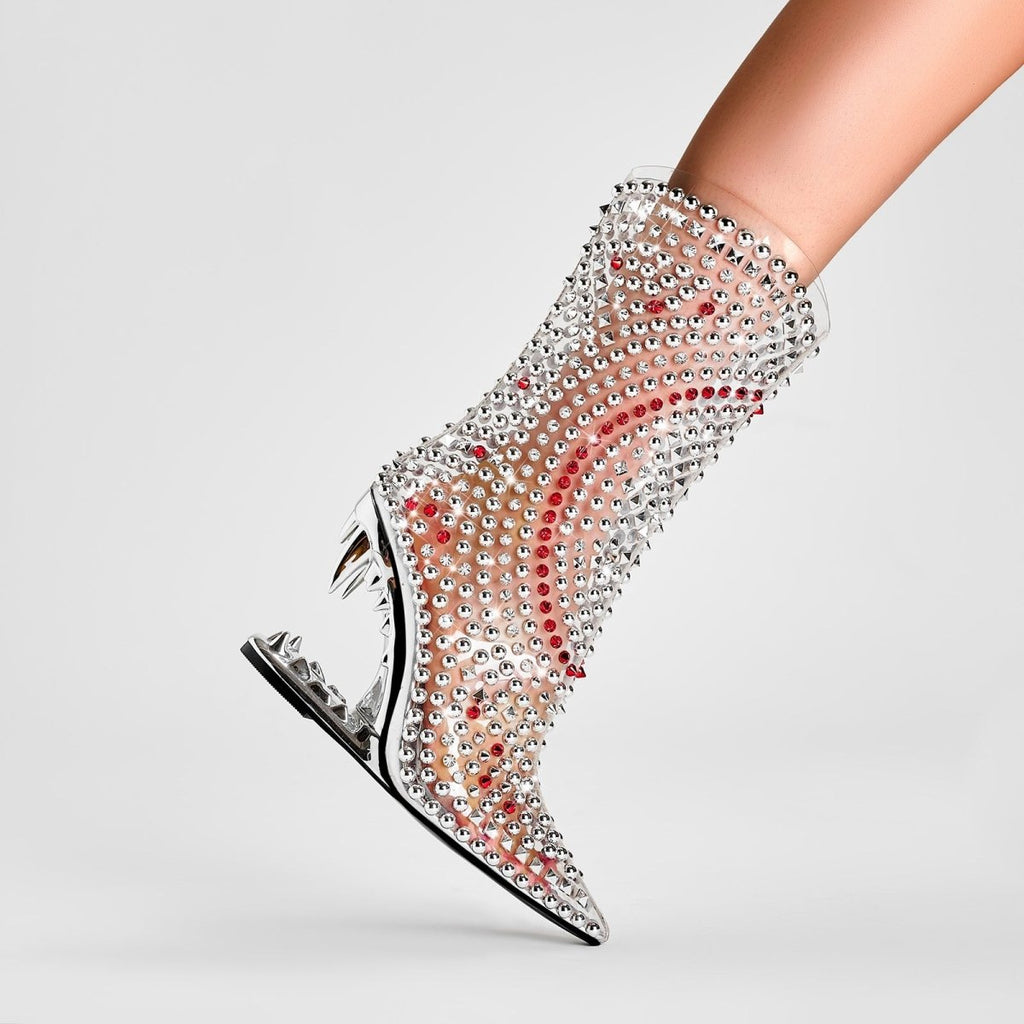 Silver Rivet Transparent Bite Heel Ankle Boots