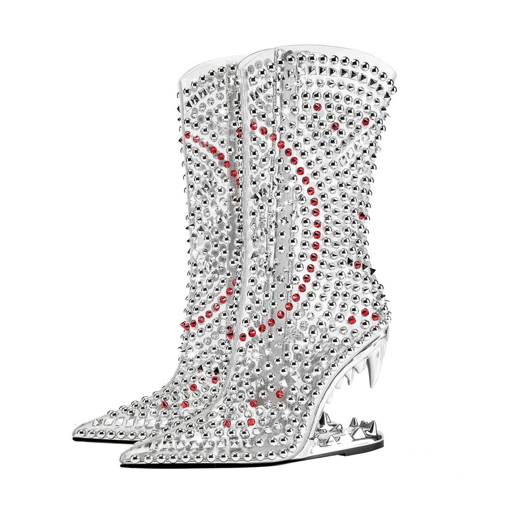 Silver Rivet Transparent Bite Heel Ankle Boots