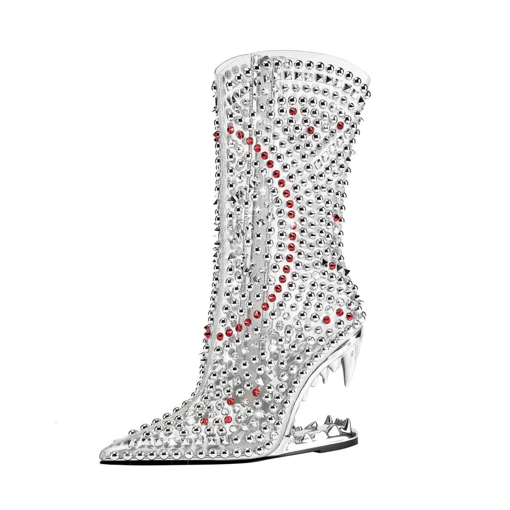 Silver Rivet Transparent Bite Heel Ankle Boots