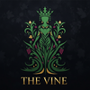 "The Vine crowned queen logo — an emerald green queen silhouette surrounded by gold vines and purple grapes, wearing a crown. Luxury lifestyle brand for women."
