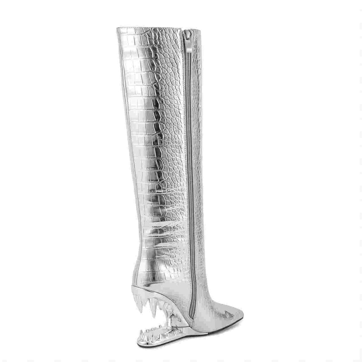 Tinman Silver Bite Heel Knee High Boots