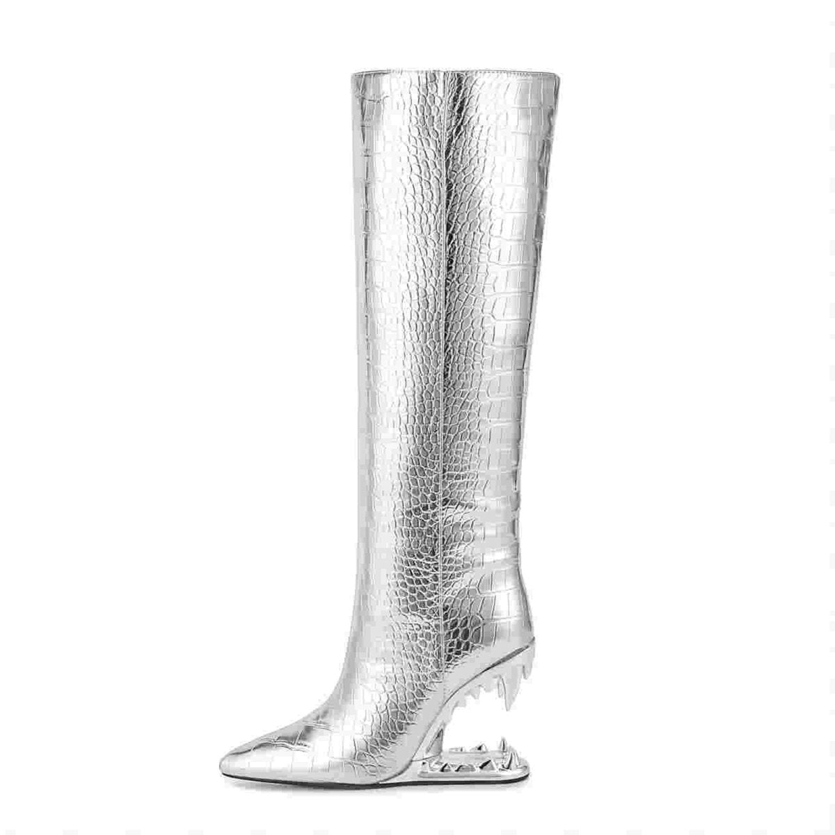 Tinman Silver Bite Heel Knee High Boots