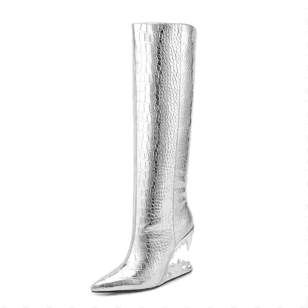 Tinman Silver Bite Heel Knee High Boots