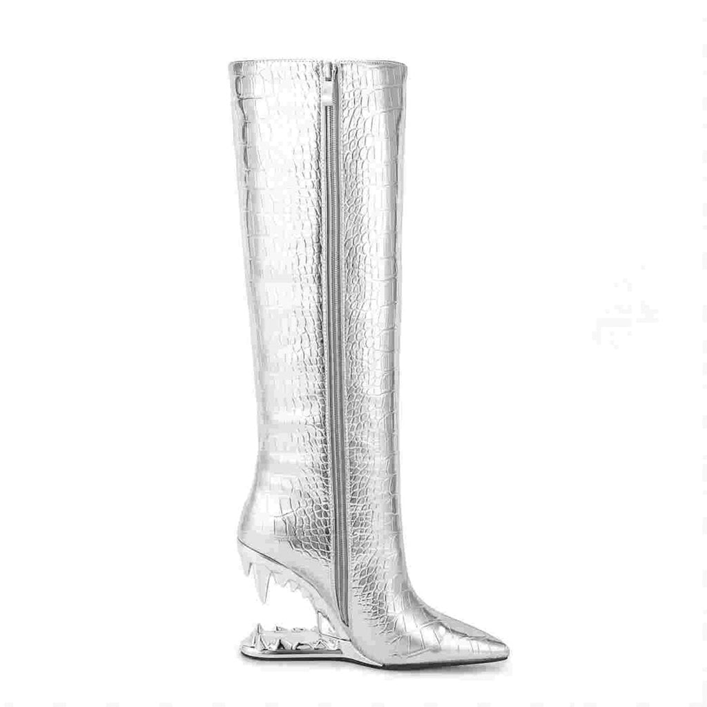 Tinman Silver Bite Heel Knee High Boots