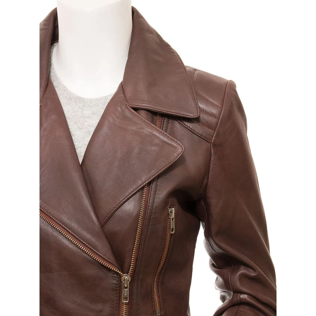 WOMENS BROWN LEATHER BIKER JACKET COCOA - M