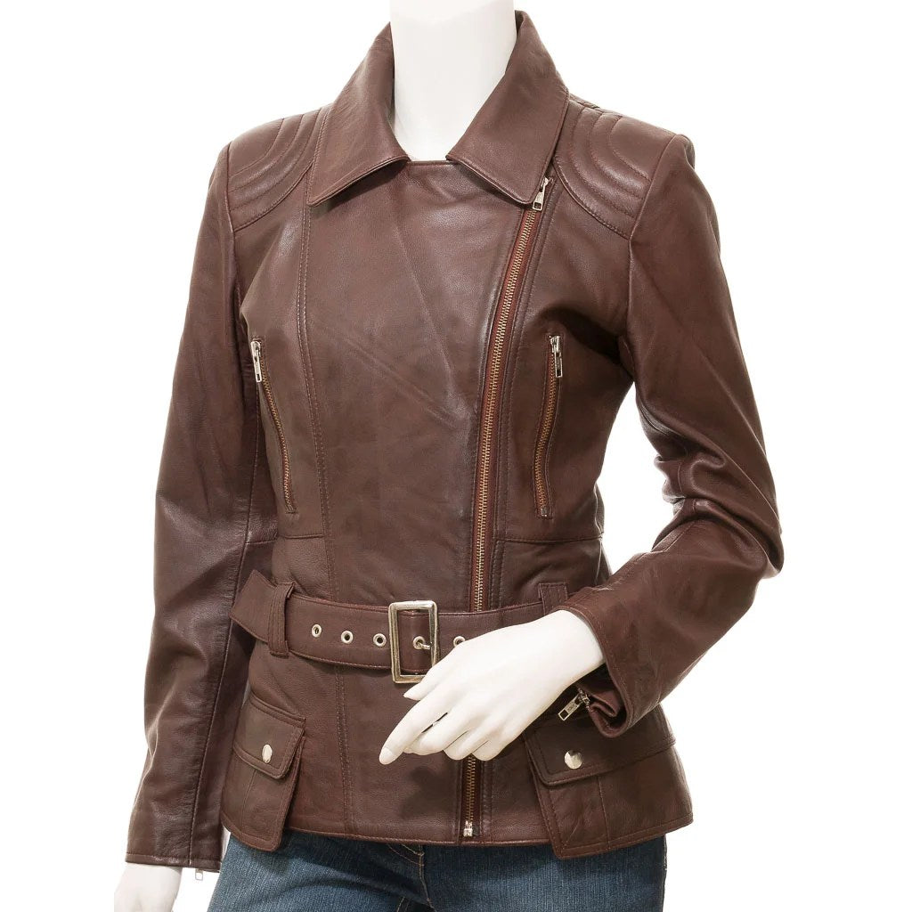 WOMENS BROWN LEATHER BIKER JACKET COCOA - S