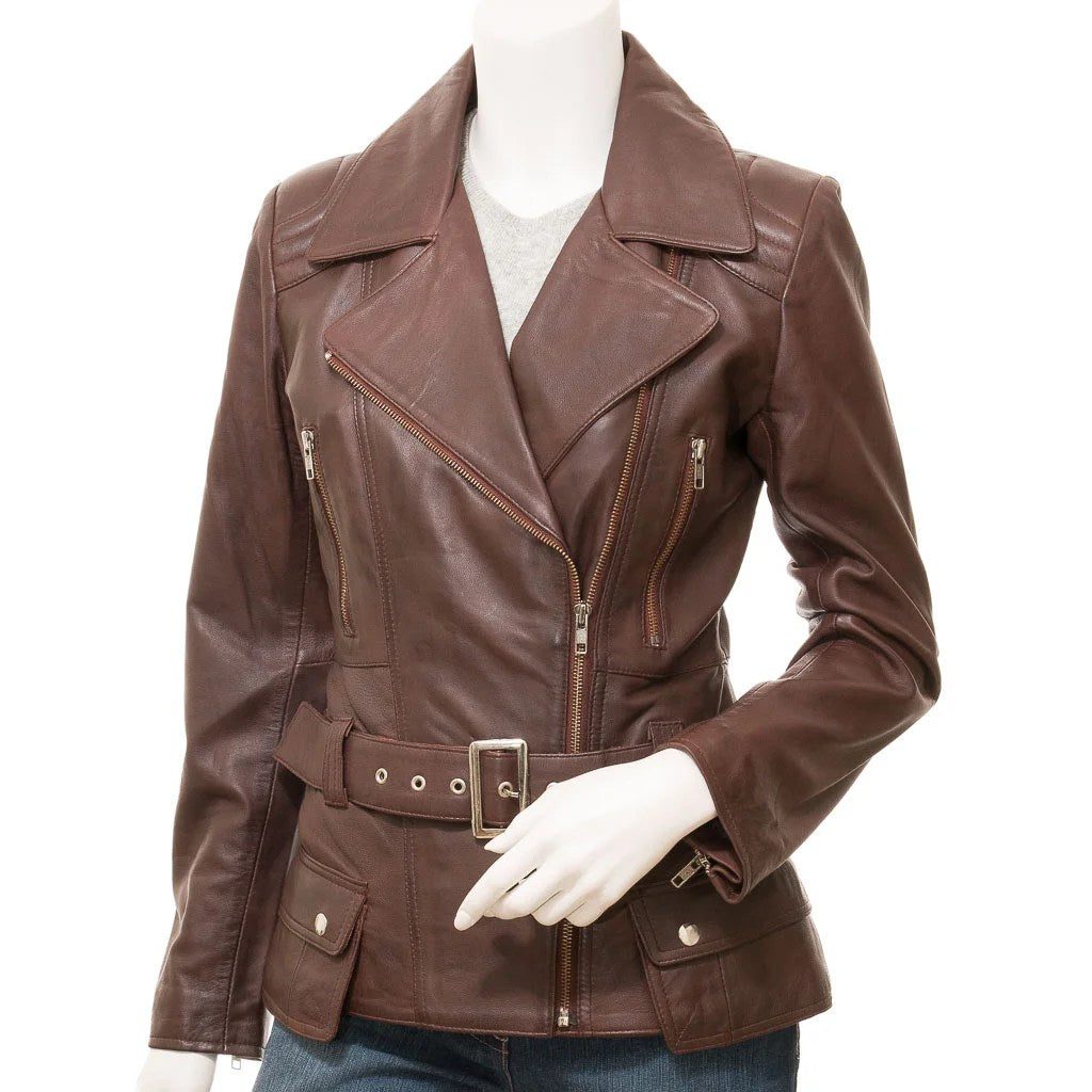 WOMENS BROWN LEATHER BIKER JACKET COCOA