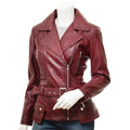 WOMENS BURGUNDY LEATHER BIKER JACKET COCOA