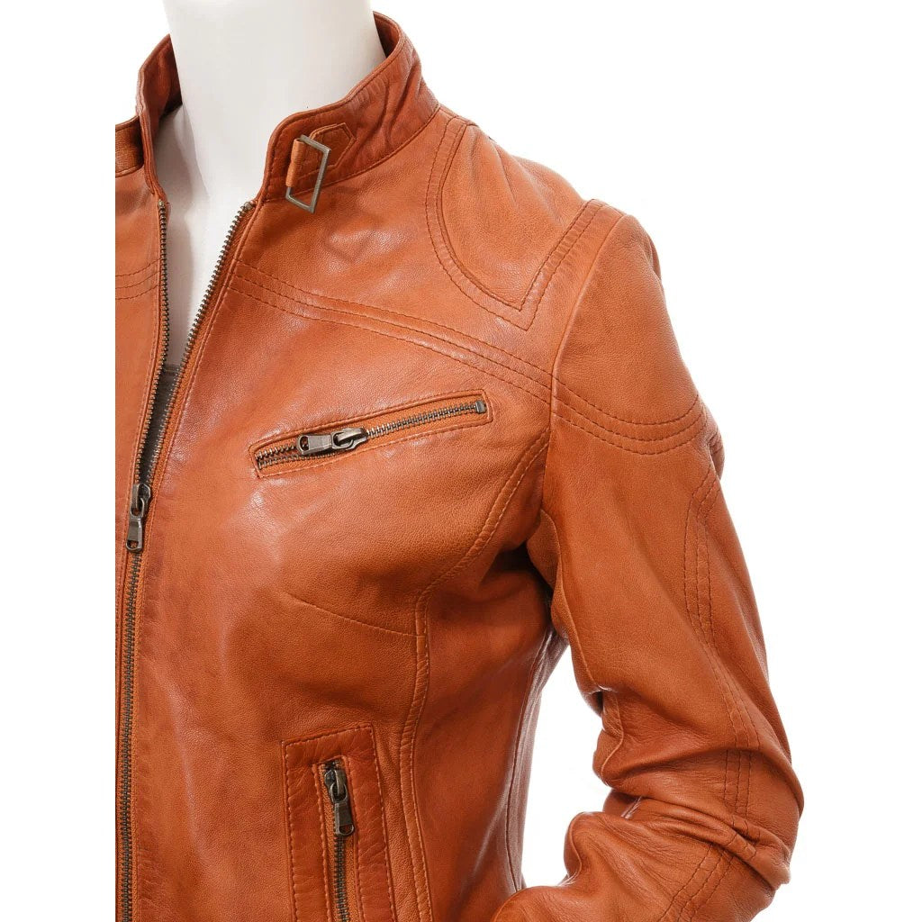 WOMENS TAN LEATHER BIKER JACKET EBRO - M