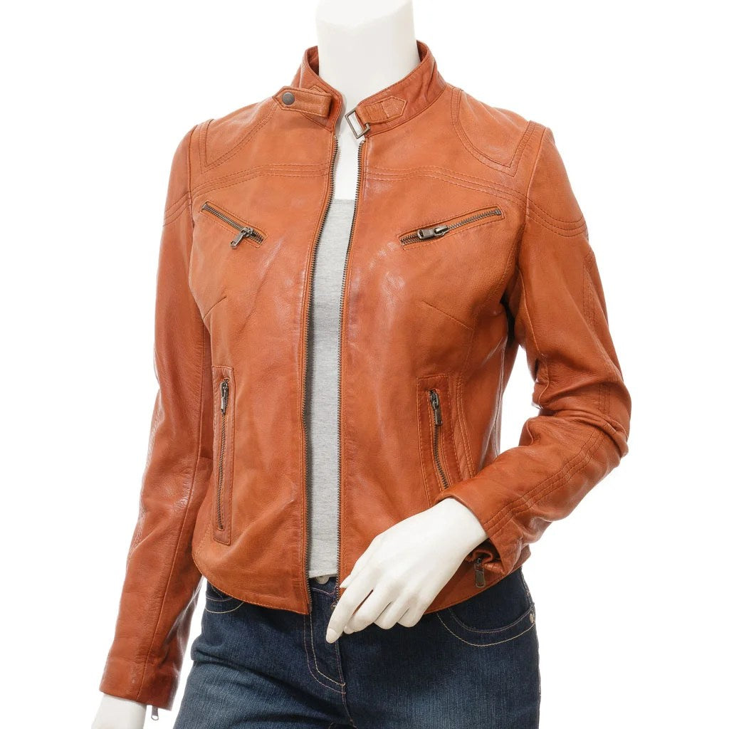 WOMENS TAN LEATHER BIKER JACKET EBRO - S