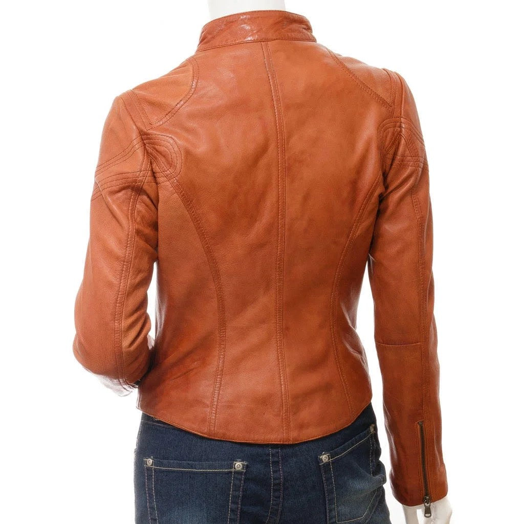 WOMENS TAN LEATHER BIKER JACKET EBRO - XL
