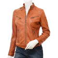 WOMENS TAN LEATHER BIKER JACKET EBRO