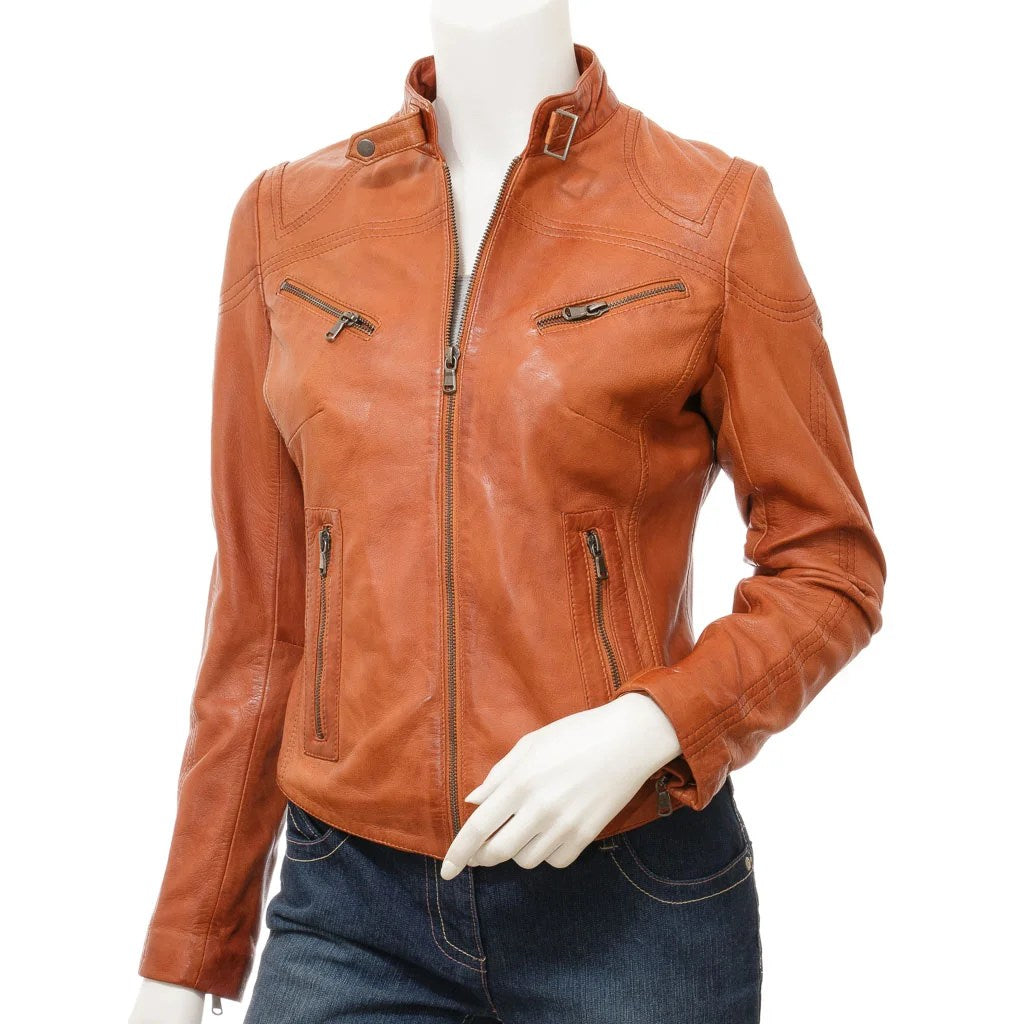 WOMENS TAN LEATHER BIKER JACKET EBRO