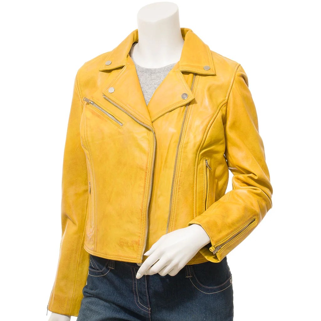 WOMENS YELLOW LEATHER BIKER JACKET DAVIE - S