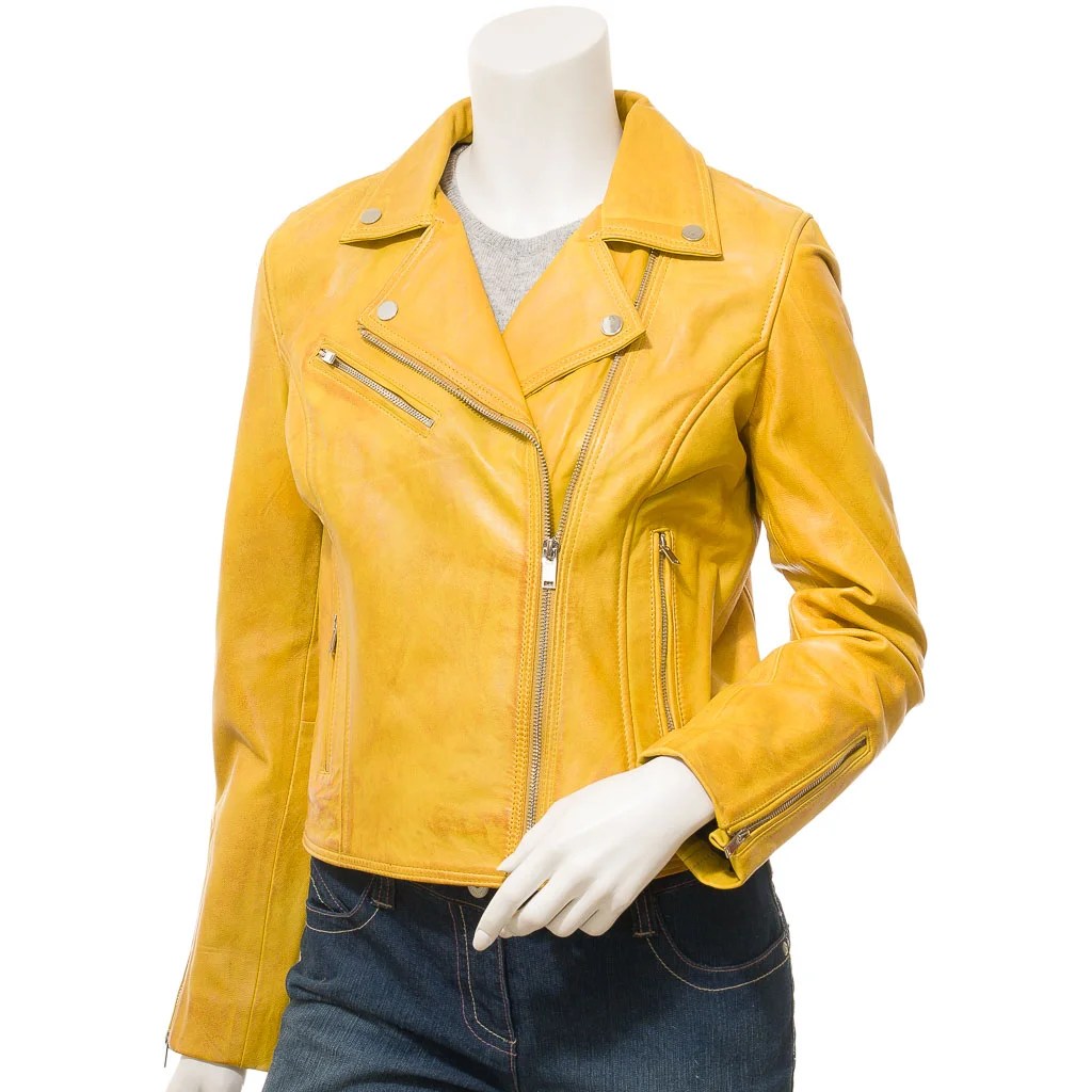 WOMENS YELLOW LEATHER BIKER JACKET DAVIE